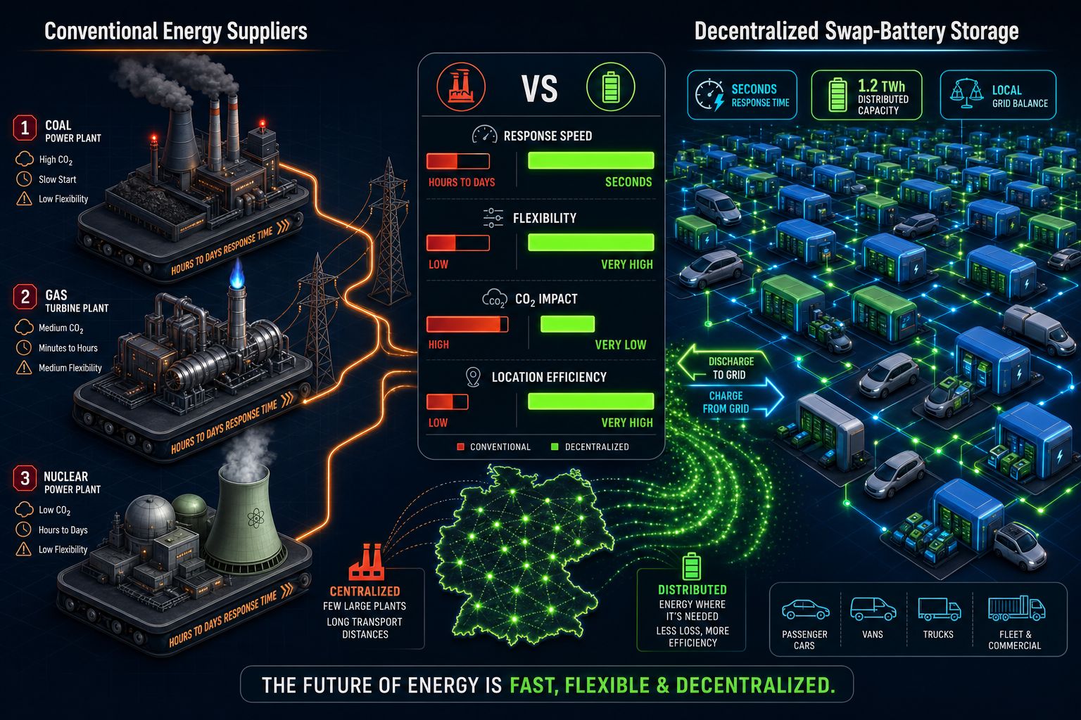 Wenige zentrale Kraftwerke sind anfällig für Störungen. Mit den Wechselstationen ensteht ein extrem resilientes Netzwerk an Energiespeicher und - Versorger